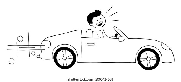 Cartoon Man Driving Luxury Convertible Car, Vector Illustration. Black Outlined And White Colored.