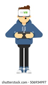 Cartoon man with drone radio remote control isolated vector illustration. Drone, car or water vehicle device radio remote control.