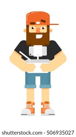 Cartoon man with drone radio remote control isolated vector illustration. Drone, car or water vehicle device radio remote control.