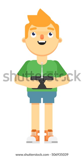 Cartoon man with drone radio remote control\
isolated vector illustration. Drone, car or water vehicle device\
radio remote control.