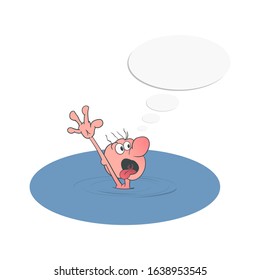 A cartoon man drowning in water and calling for help. Vector illustration.