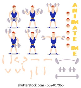 Cartoon man dumbbells exercises squat, deadlift, overhead press. Cute athlete. character creation set. icons with different types of faces, emotions. Male person in different poses. Moving arms, legs