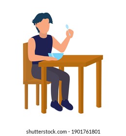 cartoon man eating a cereal in a bowl sitting in a dining table over white background, flat style, vector illustration