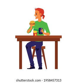 Cartoon man eating junk food at table - male teenager having lunch of burger, soda and French fries. Unhealthy diet of young guy - isolated vector illustration.