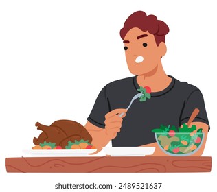 Cartoon Man Eating A Salad With A Roast Chicken On The Table. Vector Image Conveys A Healthy Meal, Balanced Diet, And Mealtime Setting, Ideal For Concepts Related To Nutrition, Food, And Lifestyle