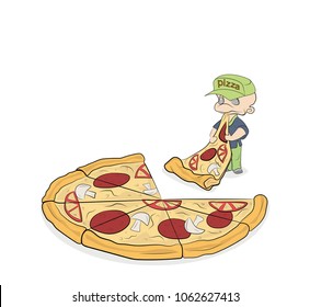 cartoon man eating a slice of pizza on a background of a large pizza. vector illustration.