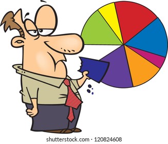 cartoon man eatinga piece of a pie chart graph