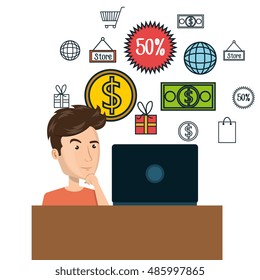 cartoon man e-commerce laptop desk isolated design