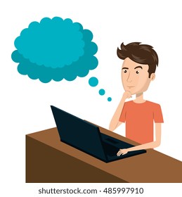 cartoon man e-commerce laptop desk isolated design