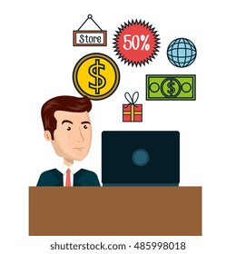 cartoon man e-commerce laptop desk isolated design
