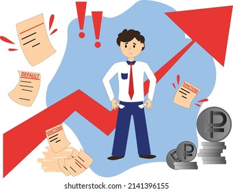 cartoon man with empty pockets standing near documents with sanctions lettering and ruble coins