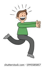 Cartoon man is excited and running to catch something, vector illustration. Colored and black outlines.