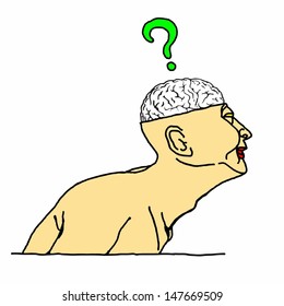 Cartoon of a man with an exposed skull showing his brain with a question mark hovering above it.