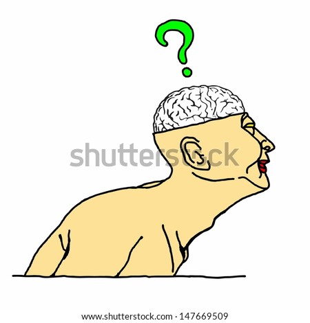 Cartoon of a man with an exposed skull showing his brain with a question mark hovering above it.