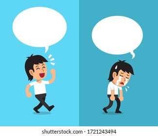 Cartoon a man expressing different emotions with white speech bubbles for design.
