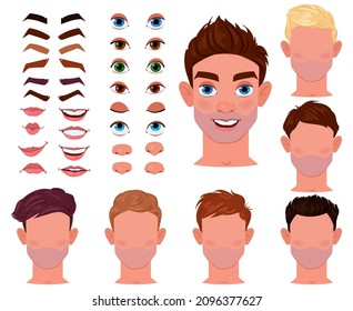 Cartoon man face constructor, male character creator. Male face generator with eyes, brows, lips and noses vector illustration set. Young guy avatar creation elements. Facial elements with hairstyles