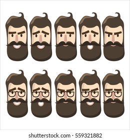 Cartoon man. Face  father, dad, hipster. Set contains emotion. Coffee man