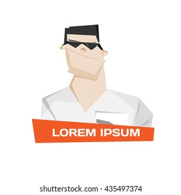 Cartoon man face with sunglasses vector illustration. Successful manager, seller, businessman or other employer. Can be use for logo, label, emblem and design element.