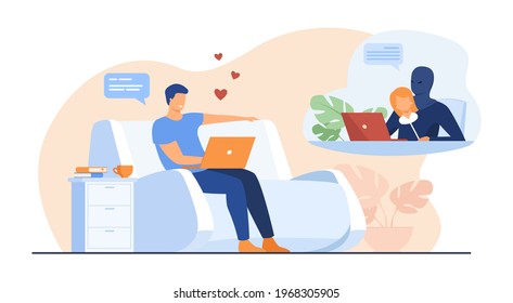 Cartoon man facing false impersonation. Flat vector illustration..Young man texting with someone pretending to be woman on social networks. Impersonation, online dating, fraud, social networks concept