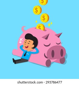 Cartoon man falling asleep with pink piggy