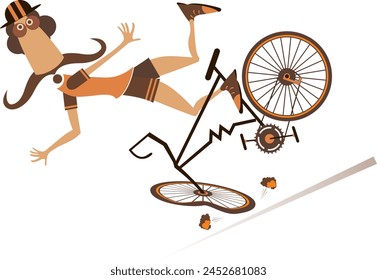 Cartoon man falling down from the bicycle. 
Cartoon long mustache man in the helmet falling down from the bicycle. Isolated on white background
