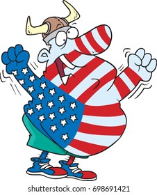 cartoon man fan painted in the USA flag wearing a viking hat