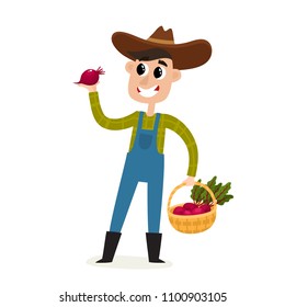 Cartoon man farmer with beatroot and basket isolated on white. Standing and smyling male character in blue coverall and cowboy hat