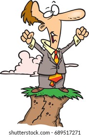 cartoon man feeling successful on the top of a hill