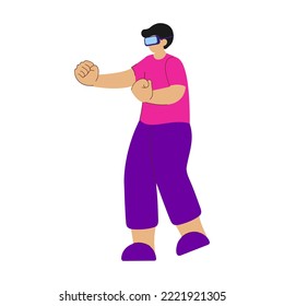 Cartoon Man Fighting Through VR Box Against White Background.
