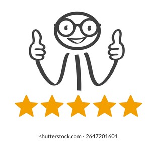 Personagens de desenhos animados aprovam um resultado positivo, cinco estrelas do sinal de classificação de clientes, sinal de avaliações de clientes, serviço de classificação, boa satisfação do cliente, experiência do usuário melhor feedback de clientes