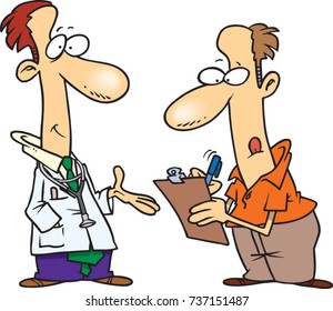 cartoon man filling out forms while standing next to his doctor