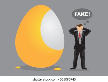 Cartoon man finds gold paint peel from golden egg. Creative vector illustration on concept for scams and frauds.