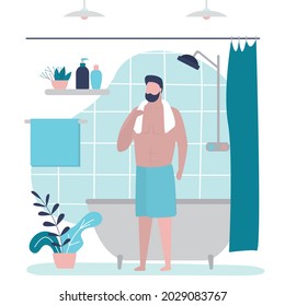 Cartoon man finished taking bath. Male character wipes himself off with towel after shower. Guy stands wrapped in towel in bathroom. Personal hygiene and healthcare concept. Flat vector illustration
