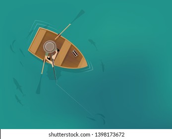 Cartoon Man In Fishing Boat From A Bird's Eye View