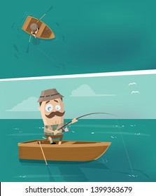 cartoon man in fishing boat in different perspectives