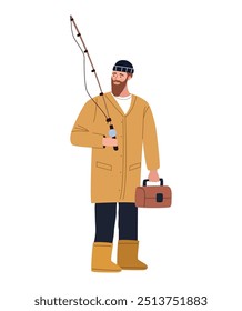 cartoon man and fishing rod isolated