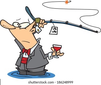 cartoon man fishing in a suit with a cocktail