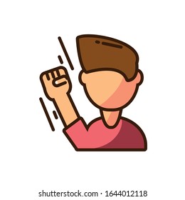 cartoon man with fist up icon over white background, colorful fill style, vector illustration design