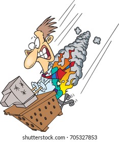 cartoon man in flames sitting at his destroyed desk falling through the air