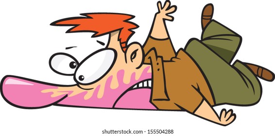 Cartoon man flat on his face with bubble gum all over it