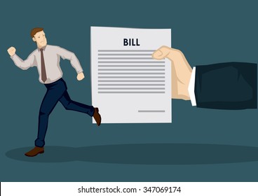 Cartoon man fleeing away from huge hand holding a paper with the word bill on it. Creative vector illustration on financial concept isolated on green background.