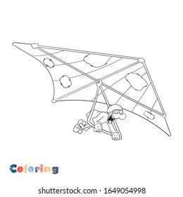 Cartoon man flies on a hang glider with his mouth wide open. Vector coloring book.