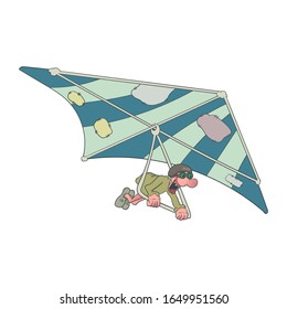 Cartoon man flies on a hang glider with his mouth wide open. Vector illustration.
