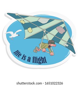 Cartoon man flies on a hang glider with his mouth wide open. Vector illustration in the form of a color sticker.