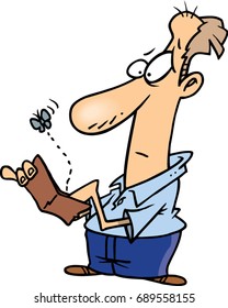 cartoon man with a fly coming out of his empty wallet