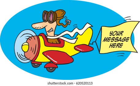 cartoon man flying an airplane with a sign