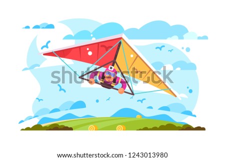Cartoon man flying on hang glider poster. Extreme sport screaming feeling scared flat style concept vector illustration. Blue sky sun and green field on background