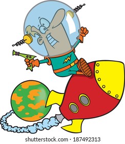 cartoon man flying on a rocket in space