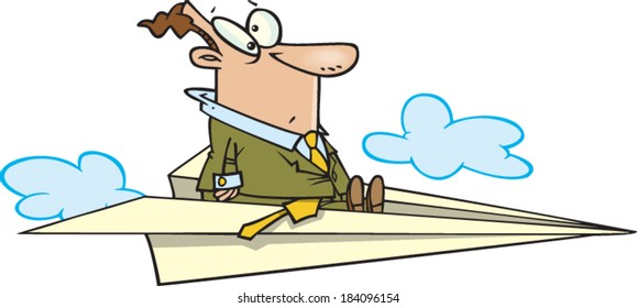 cartoon man flying in a paper airplane