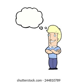 cartoon man with folded arms grinning with thought bubble